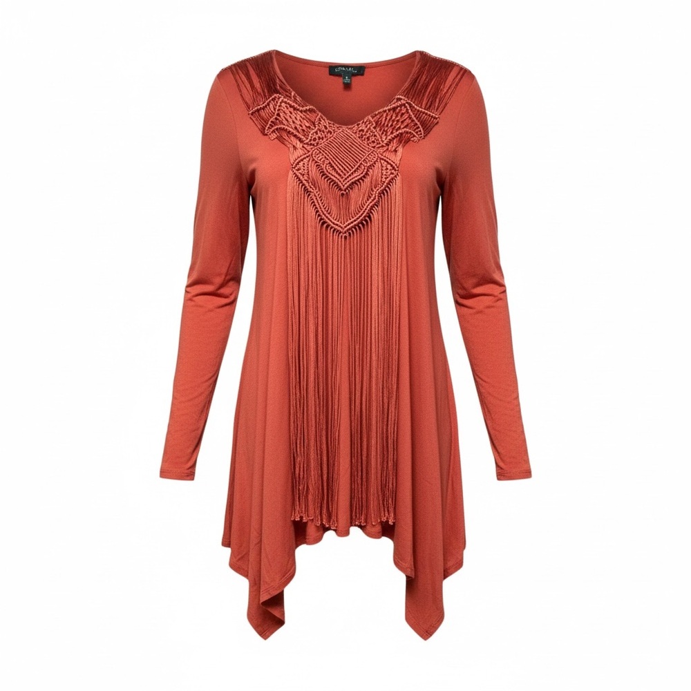 Melissa Page Crochet Fringe Long Sleeve Top Size Medium